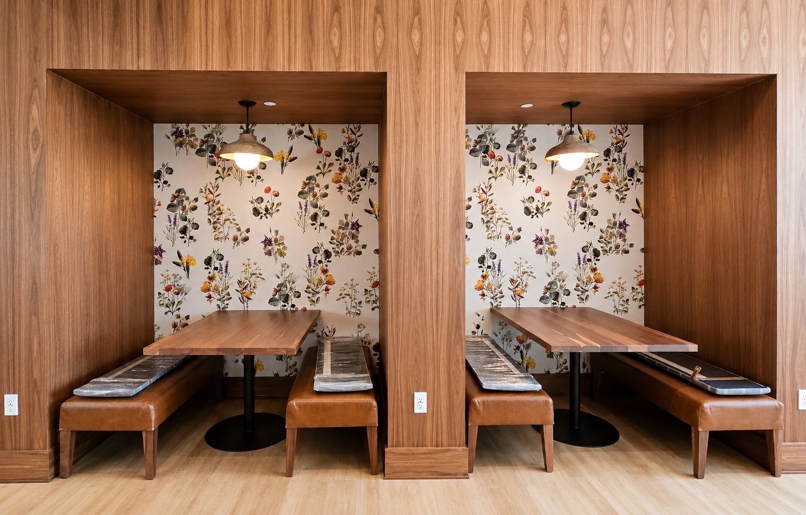 Custom wood booth seating with floral wallpaper