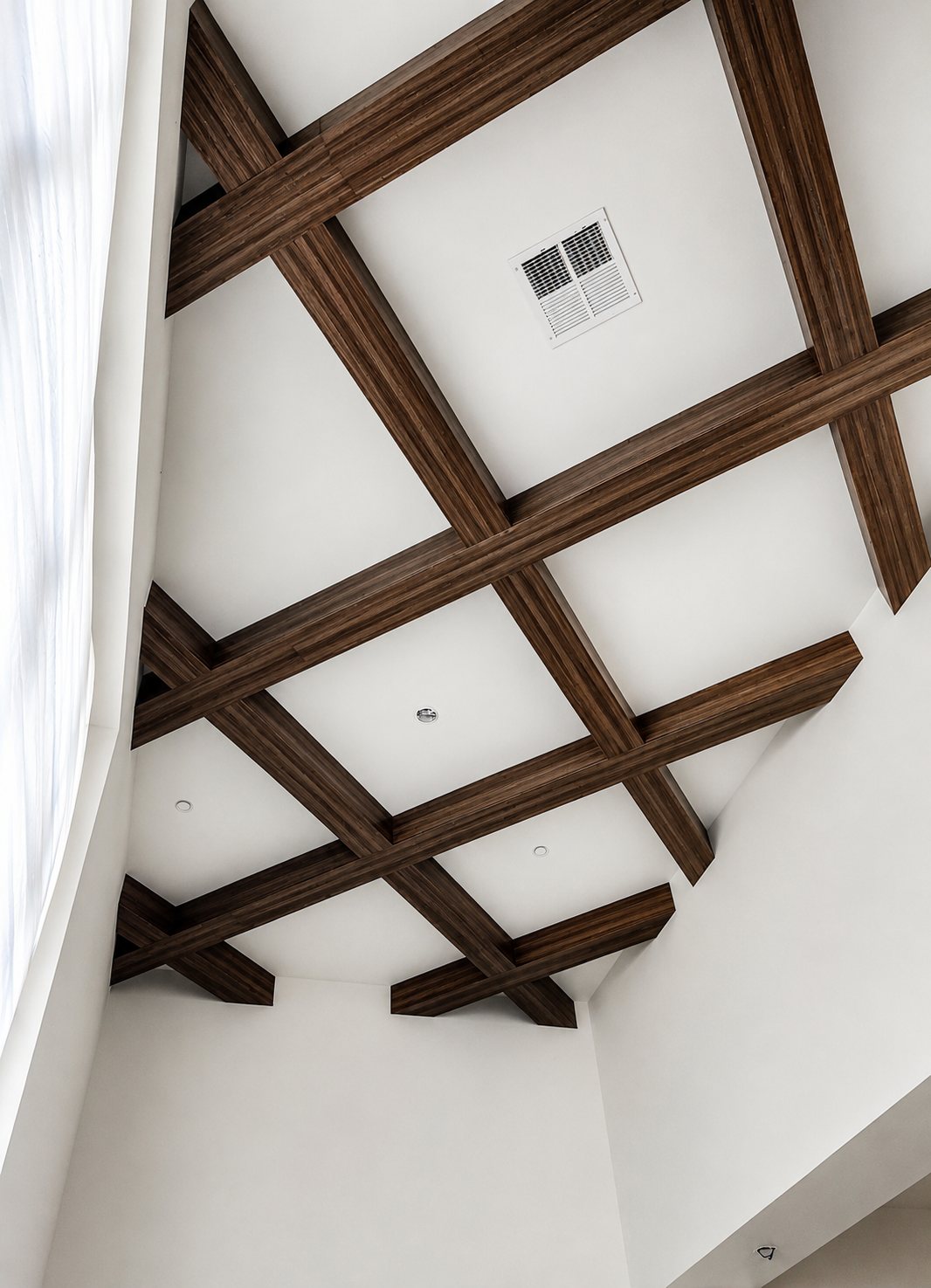 Coffered ceiling beam detail viewed from below
