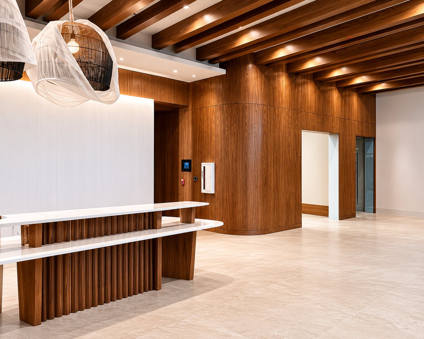 Wood-slat ceiling lobby with reception desk